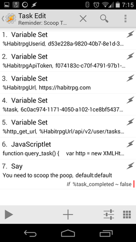 Screenshot of Tasker task that
uses HabitRPG API to query task state
