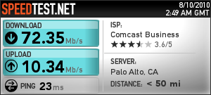 Speedtest.net results for Comcast Business
showing 72.35 Mb/s down and 10.34 Mb/s up